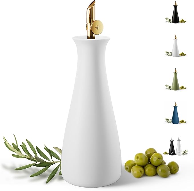 Ceramic Olive Oil Dispenser with Self-Closing Gold Spout - 530 ML Capacity Matte White Ceramic Oil Dispenser for Kitchen - Leak Proof EVOO Dispensing Bottle - Stylish, Ergonomic, Durable, Easy Pour