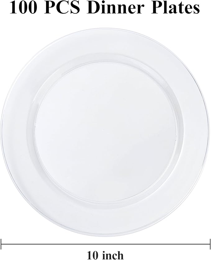 100PCS Clear Plastic Dinner Plates 10inch, Premium Hard Disposable Plates for Party, Wedding