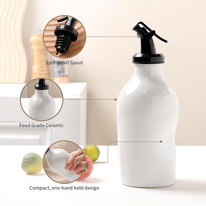 Ceramic Oil Dispenser Bottle with Acrylic Spout - Mini Kitchen Oil & Vinegar Cruet for EVOO, Avocado Oil - Easy-Grip Design, Compact Size 285ml - (White)
