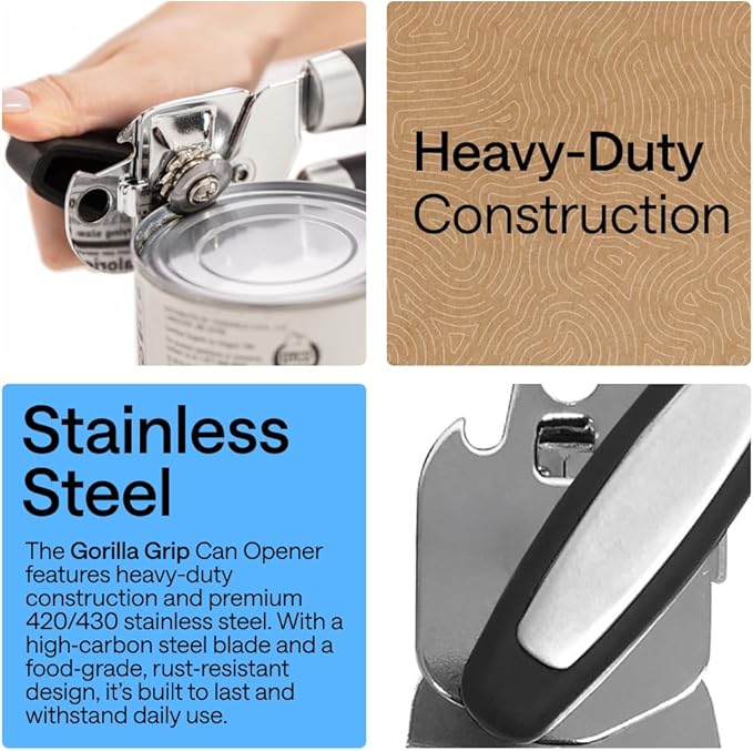 GORILLA GRIP Heavy Duty Stainless Steel Smooth Edge Manual Can Opener and Bottle Openers, US Designed, Soft Comfortable Handle, Oversized Handheld Turn Knob, Multifunctional Kitchen Tool, Black