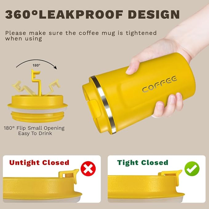 Travel coffee mugs leak-proof, reusable coffee cup with lid, stainless steel vacuum insulated coffee tumblers, thermal insulation cups for men & women keep drinks hot & cold (2nd-Yellow, 17OZ)
