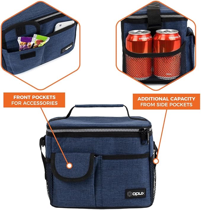 opux Insulated Lunch Bag for Men Women, Leakproof Heather Navy Lunch Box for Work, Portable Soft Lunch Cooler Bag with Shoulder Strap, Adult Lunchbox Lunch Pail for Kid Boy Girl School, 14 Can/8L