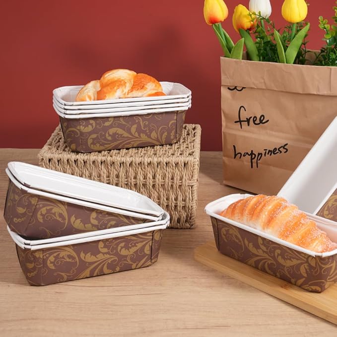 50 PCS Paper Loaf Pans for Baking, 6.3 x 2.2 x 2.2 Inch Small Disposable Baking Pans with Clear Plastic Bags and Ties, Rectangle Paper Bread Pans for Cake Bread Oven Loaf Bakery