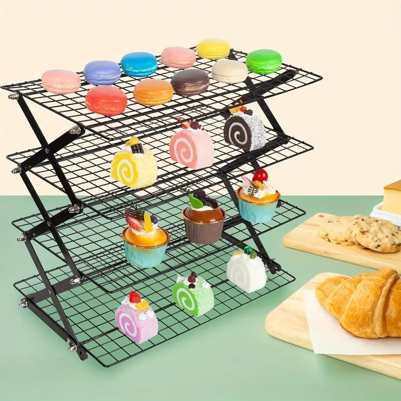 INNOVATIVE LIFE 4-Tier Collapsible Cooling Rack with 3-Setting Adjustable Design, Space Saving Metal Food Display Stand, Stackable Multi-Purpose Roasting Cooling Rack for Baking Cooking Cookies Picnic
