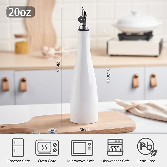 YOLIFE Olive Oil Dispenser Bottle, 20oz Ceramic Oil Dispenser for Kitchen, Oil Bottle with Gravity Spout, Leak Proof EVOO Dispensing Bottle with 2 Spouts and 1 Funnel for Vinegar, Juice(White)