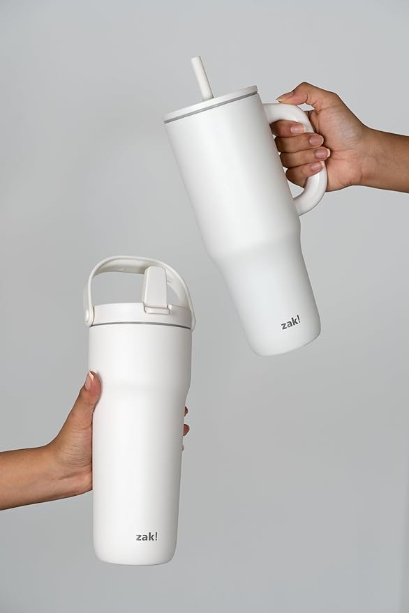 Zak Designs Sutton Travel Tumbler for On the Go, 40oz Stainless Steel with Vacuum Insulation, Silicone Straw, and Carry Handle for Cold Drinks (Cream White)