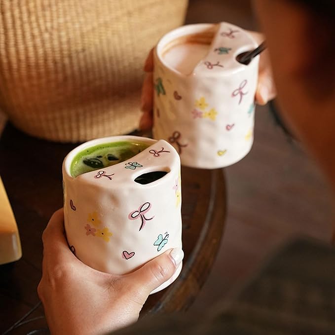Ceramic Coffee 10oz Mug Hand-Painted Espresso Cup，Retro Ceramic Travel Mug For Kitchen, Dining-Green，Microwave Safe (Colorful Butterflies)