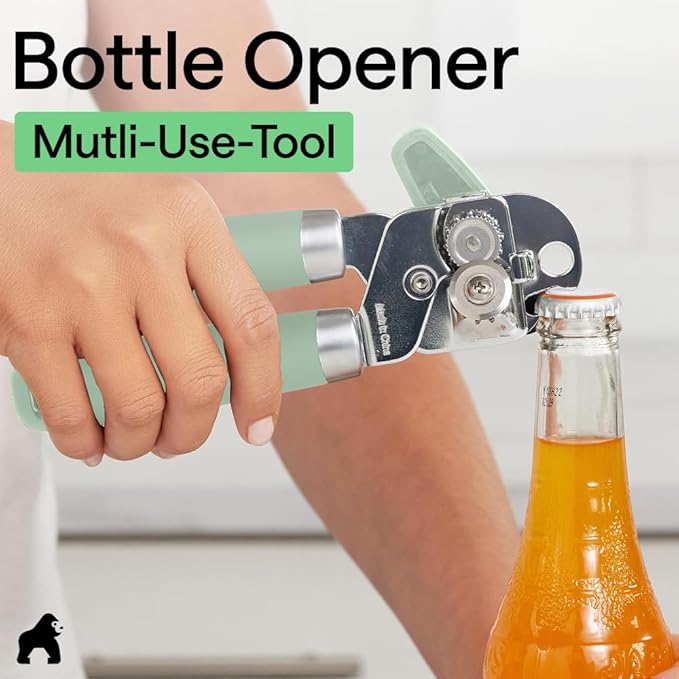 GORILLA GRIP Heavy Duty Stainless Steel Smooth Edge Manual Can Opener and Bottle Openers, Soft Comfortable Handle, Oversized Handheld Turn Knob, US Designed Multifunctional Kitchen Tool, Mint