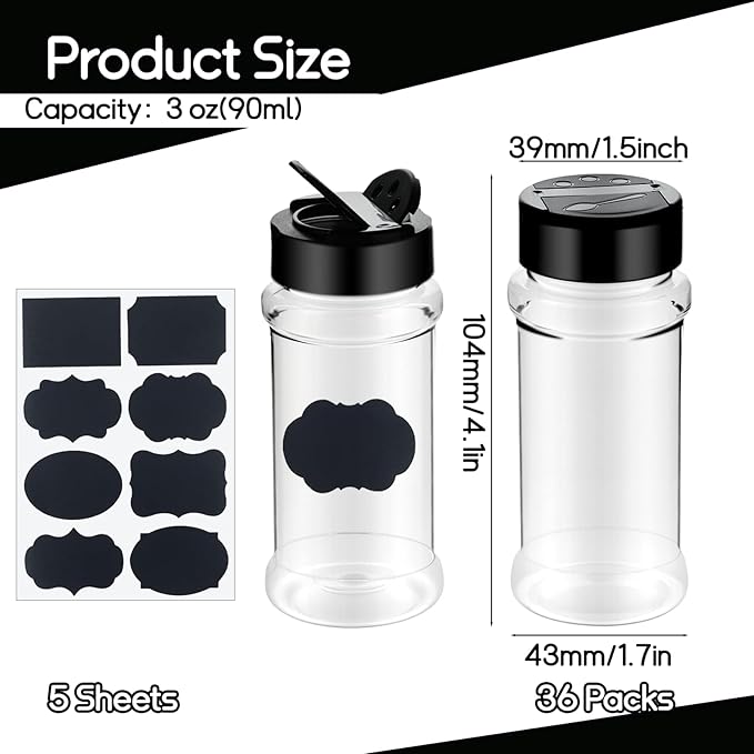 Ysglory 36 Pack 3 Oz Plastic Spice Jars Bottles Empty Seasoning Bottles Containers Small Clear Spice Shaker and Stickers with Black Cap for Storing Spices, Salt, Herbs