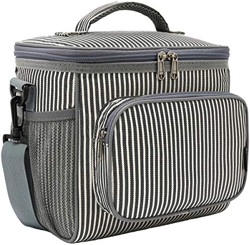 FlowFly Insulated Reusable Lunch Bag Adult Large Lunch Box for Women and Men with Adjustable Shoulder Strap,Front Zipper Pocket and Dual Large Mesh Side Pockets,Stripes