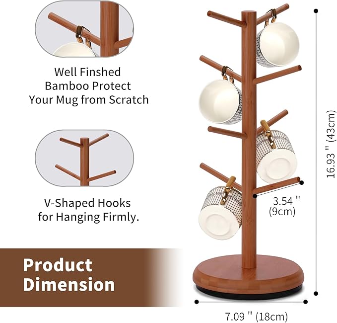 BAMBANG Mug Holder Tree, 360° Rotating 8 Hooks Coffee Cup Holder for Counter, Bamboo Coffee Mug Rack Standing for Kitchen Countertop Home (Brown) (Brown)