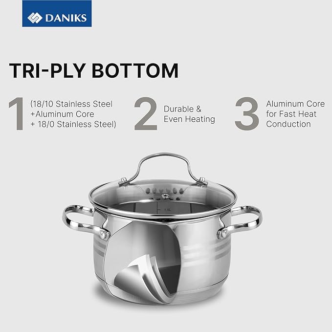Daniks Tokio Stainless Steel Stock Pot 4.5 Quart, with Glass Strainer Lid, Induction Ready, Dishwasher Safe, Measuring Scale, Silver