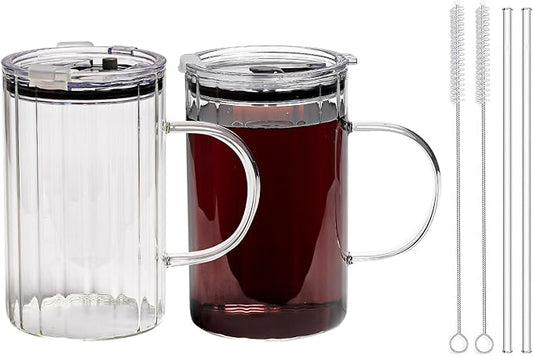 20oz Glass Tumblers with Lids and Straws - Stylish Vintage Ribbed Design for Iced Coffee, Juice, Smoothies, Milkshakes, Cold Beverages & Whiskey Cocktail Beer (Thick Inner Ridge)