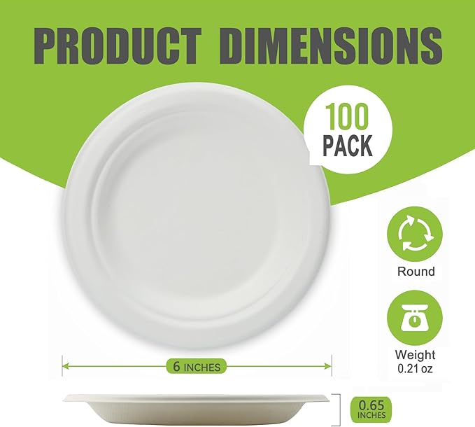 Disposable Small White Paper Plates 6 Inch - 100 Counts Heavy Duty Biodegradable Bagasse Plates, Compostable & Leak-Proof, Microwave Safe for Birthday Party Desserts, Appetizer, Snacks & Mini Cake