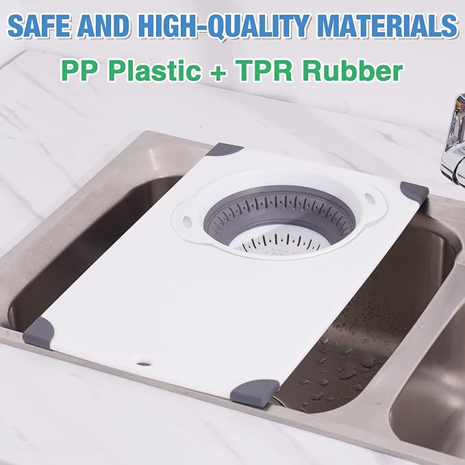 NiHome Over the Sink Cutting Board with Collapsible Colander, 2-In-1 Sink Drainer Board 11"x17.7" Anti-Slip Cutting Board and Detachable Draining Basket with Ergonomic Handle PP Plastic and TPR Rubber