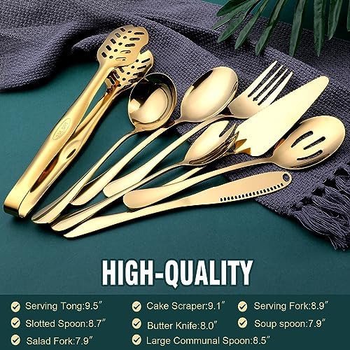 Gold Serving Utensils, OGORI 8-Piece Polished Stainless Steel Flatware Silverware Set Include Serving Spoon, Slotted Spoon, Cake Server, Soup Ladle, Fork, Salad Fork, Butter Knife, Serving Tong