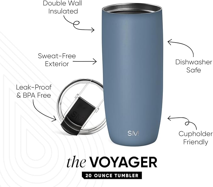 Simple Modern Voyager Tumbler with Flip Lid | Travel Coffee Mug | Insulated Stainless Steel Cold Brew Iced or Hot Coffee Cup | Gifts for Women Men Her Him | 20oz, Blue Dune