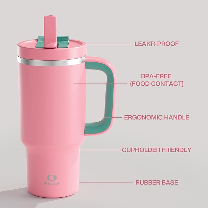 ENCOOL 32 oz Tumbler with Handle and Straw: Stainless Steel Insulated Tumbler Keeps Cold for 24 Hours, Leakproof Travel Cup Fits in Cup Holder and BPA-Free,Tulip