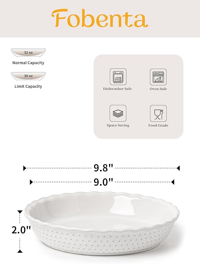 36oz 9 Inch Ceramic Pie Plate,Deep Embossed Dotted Baking Dish for Quiche, Tart, Apple Pie,Rustic Oven Safe Pie Pan with Textured Rim–White Stoneware