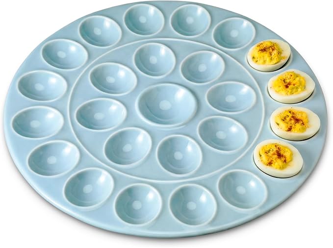 Ceramic Easter Deviled Egg Platter 13 Inch Robin Egg Blue Easter Eggs Tray 24 Holes Deviled Eggs Holder for Spring Holiday Festival Party Favors