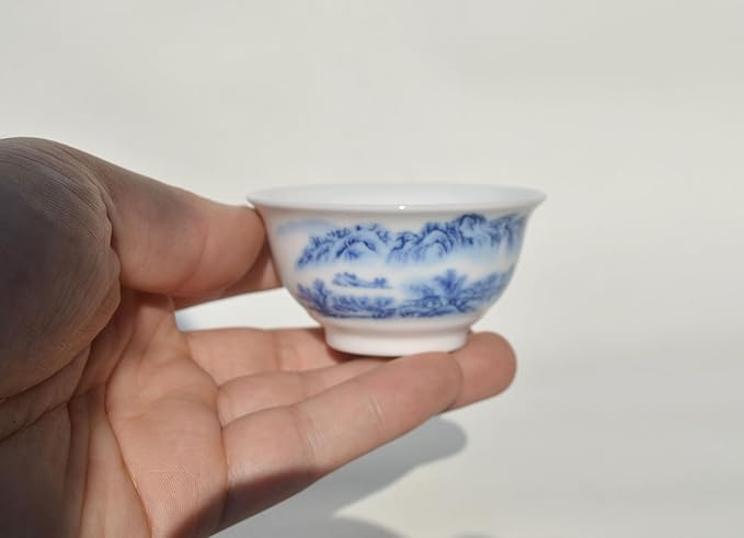 Liang baobao Chinese Traditional Tea Tasting Cup Set of 4, 2oz Bule and White Porcelain Mini Cups for Gongfu Tea Ceremony (landscape)