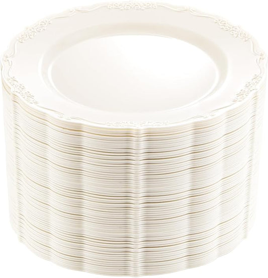 DaYammi 60PCS Ivory Plastic Plates, Party Plates Disposable Heavy Duty Disposable Plates Premium 7.5inch Ivory Dessert Cake Salad Appetizer Plate Hard Plastic Platos Disposable for Party Wedding