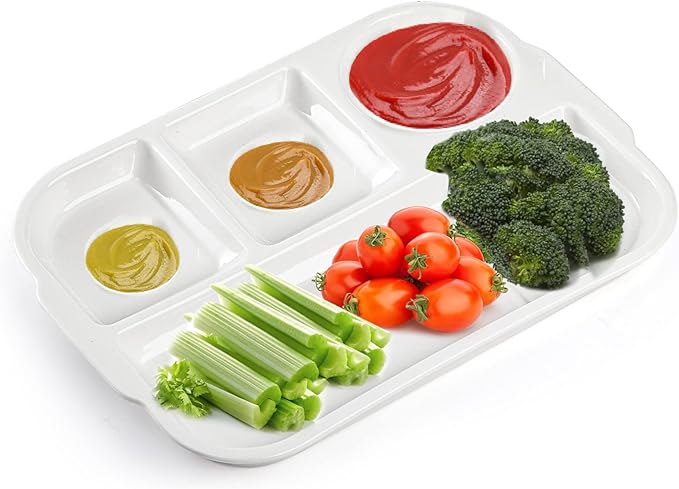 TOPZEA 4 Pack Divided Dinner Trays, Ceramic Serving Platter Dinner Plates with 4 Compartments Partition Fast Food Lunch Tray for Portion Control, Fondue Plates with Vinegar Sauce Dish