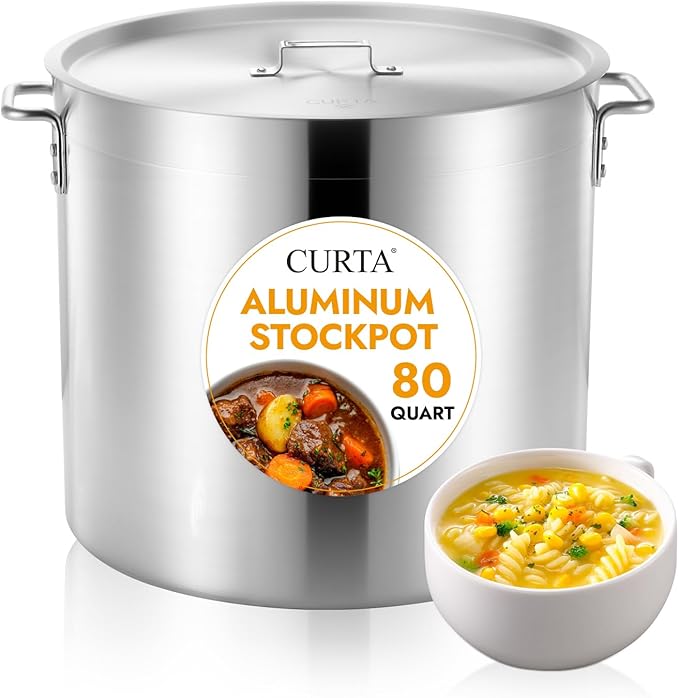 CURTA 80 Quart Aluminum Stock Pot with Lid, Heavy Duty Commercial Grade Large Capacity Cooking Pot for Boiling, Stewing, Great for Kitchen, Restaurant, Catering, and Home Use,NSF certified