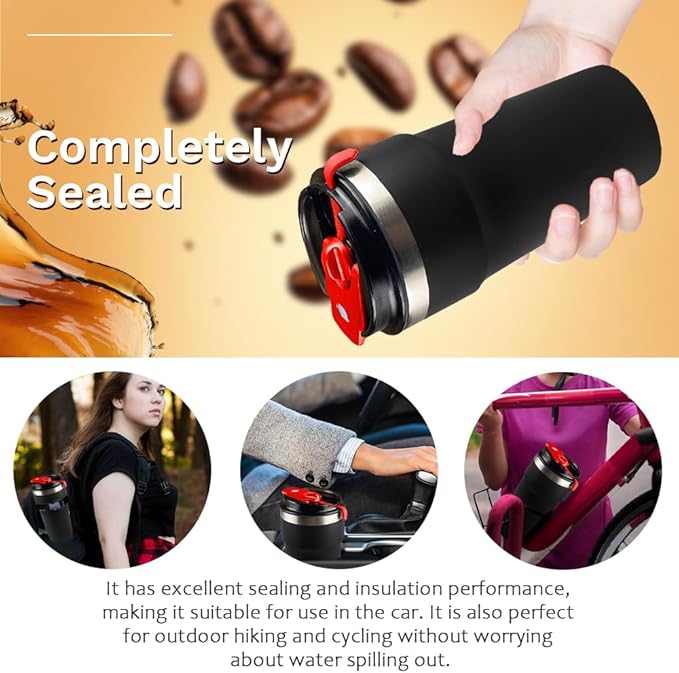 Travel Coffee Mugs Leak-Proof, Reusable Coffee Cups with Lids, Stainless Steel Vacuum Insulated Coffee Tumblers, Thermal Insulation Cups for Men and Women Hot & Cold Drinks(4th-Black, 16OZ)