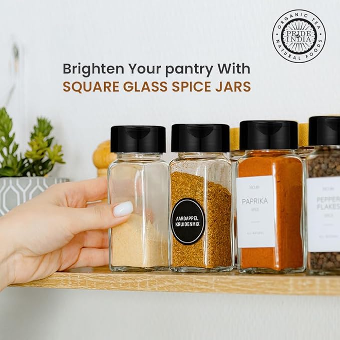 Pride Of India Small Clear Glass Spice Jars w/Dual Sifter Cap | Food Grade BPA Free USA Made | 4 Fluid Ounce Capacity 6-PACK