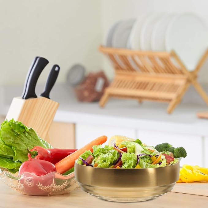 Stainless Steel Bowls 34oz - Large Gold Serving Bowl, Kitchen Decorative Golden Bowl for Salad, Mixing, Soup, Pasta, Fruit, Baking, Cereal, Desserts, Dishwasher Safe, 7.5 x 6.5 inch