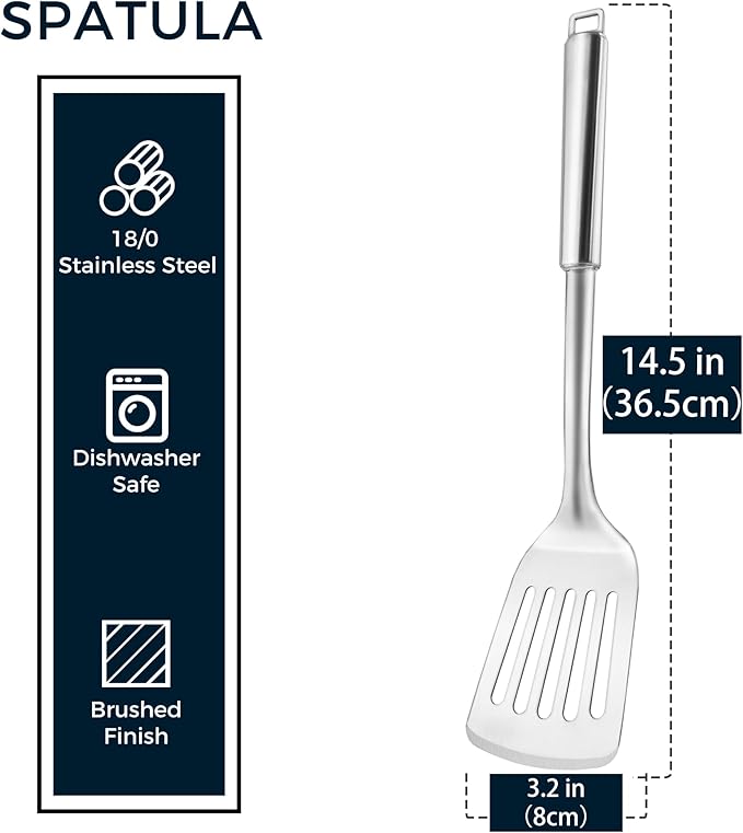 14.5-in Stainless Steel Turner, 18/0 SS Heavy Duty Slotted Spatula for Kitchen Use, Cast Iron Grilling Frying