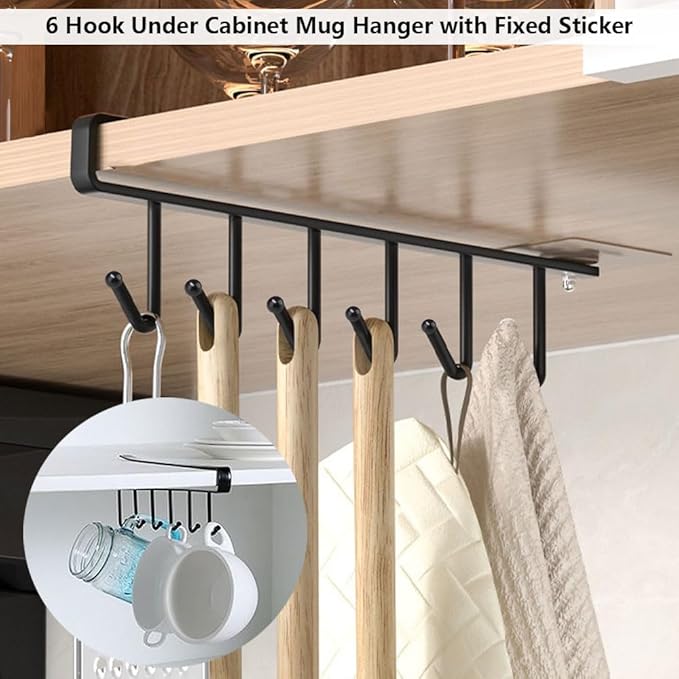 2 Pack Storage Mug Hooks Rack Under Cabinet Each with Fixed Sticker, 6 Hooks Cup Holder Hanger, Ties Belts Scarf Hanging Hook Rack, Mug Hook Hanger Under Shelf Without Drilling Kitchen Utensil Hanger
