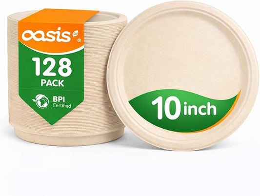 10 Inch 128 Pack Compostable Disposable Paper Plates, Large Round Dinner Plates, Heavy Duty Sugarcane Bagasse, Biodegradable Eco-Friendly for Parties & Daily Use, Natural
