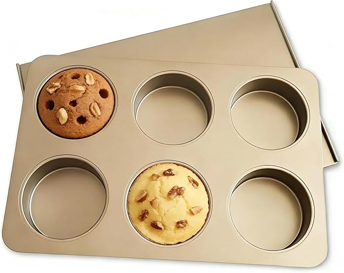 6 Cup Muffin Top Pan for Baking, Nonstick Hamburger Bun Pan, Straight Side English Muffin Cupcake Pans with Lid, Jumbo Muffins Pans for Baking Egg Sandwich Quiche Pancake, Gold (Round Shape)
