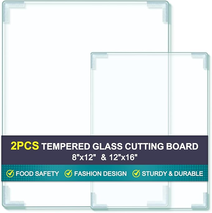 2Pcs Tempered Glass Cutting Board for Kitchen Counter, FAAYUCK Glass Cutting Board with Non-Slip Feet, Heat Resistant, Non-Slip, Scratch Resistant, Shatter Resistant (8"x12"&12"x16")
