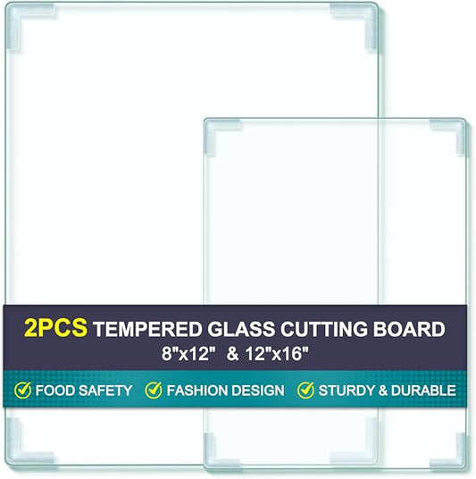 2Pcs Tempered Glass Cutting Board for Kitchen Counter, FAAYUCK Glass Cutting Board with Non-Slip Feet, Heat Resistant, Non-Slip, Scratch Resistant, Shatter Resistant (8"x12"&12"x16")