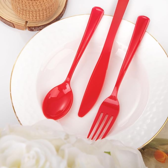 WDF 160 Piece Red Plastic Silverware - Heavy Duty Christmas Silverware of 80 Forks, 40 Spoons, 40 Knives - Red Plastic Utensils Perfect for Party Daily Baby Shower Wedding Spring
