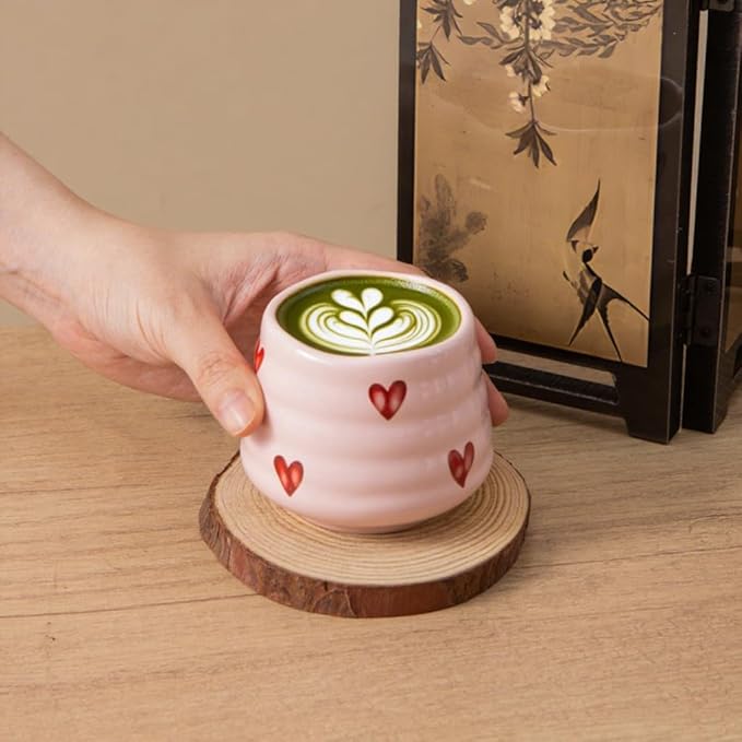 4pcs Japanese Tea Cup Set – 160ml 5.4OZ Ceramic Matcha Cup, Small Handless Espresso Cups, Cute Coffee Mugs for Girls (Pink Love)