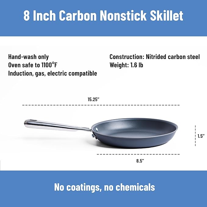 Misen Carbon Nonstick™ Skillet - Ultra-Durable Nitrided Surface - Easy Relase With No Coating to Chip or Peel, PFOA- & Chemical-Free - High-Heat Cooking, Even-Heating, Induction Ready, 8 Inch