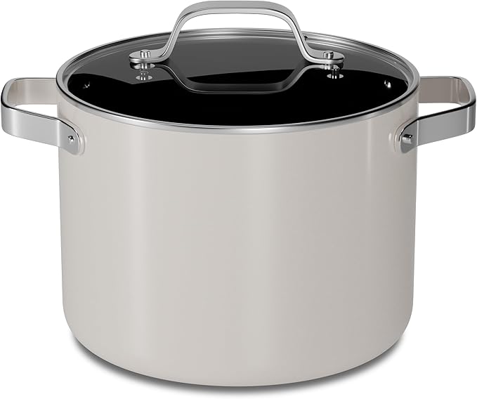 Bakken 5 Quart Ceramic Coated Stock Pot with Lid, Easy to Clean Nonstick Pot, Tempered Glass Lid, Riveted Stainless Steel Handles, Oven Safe Up To 500°F, PTFE & PFAS Free, All Stove Compatible, Cream