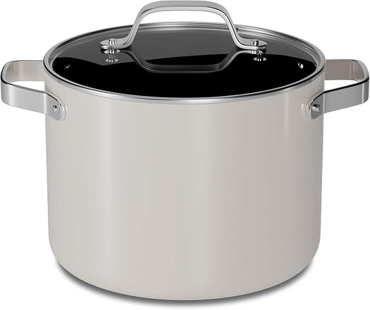Bakken 5 Quart Ceramic Coated Stock Pot with Lid, Easy to Clean Nonstick Pot, Tempered Glass Lid, Riveted Stainless Steel Handles, Oven Safe Up To 500°F, PTFE & PFAS Free, All Stove Compatible, Cream