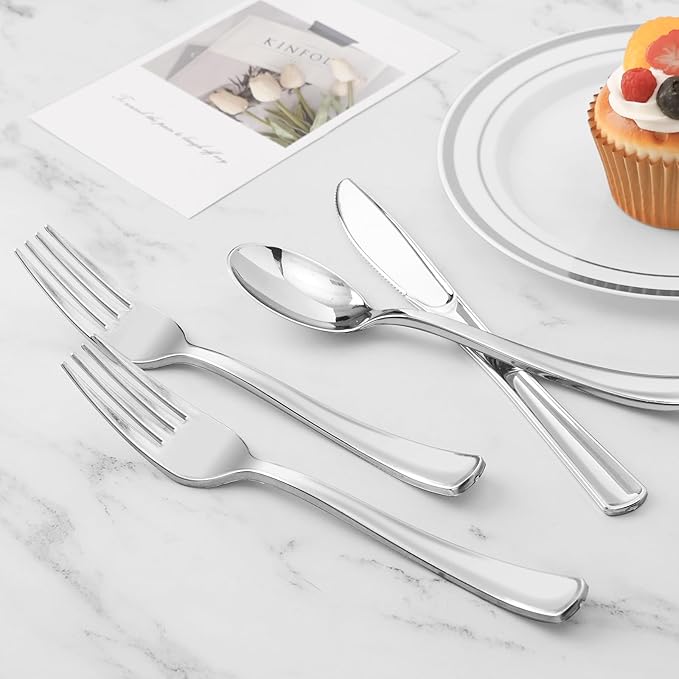 BESTVIP 60PCS Silver Plastic Silverware, Silver Disposable Utensils, Heavy Duty Cutlery Set of 30 Forks, 15 Spoons, 15 Knives for Party, Christmas, Wedding, Catering and Daily Use
