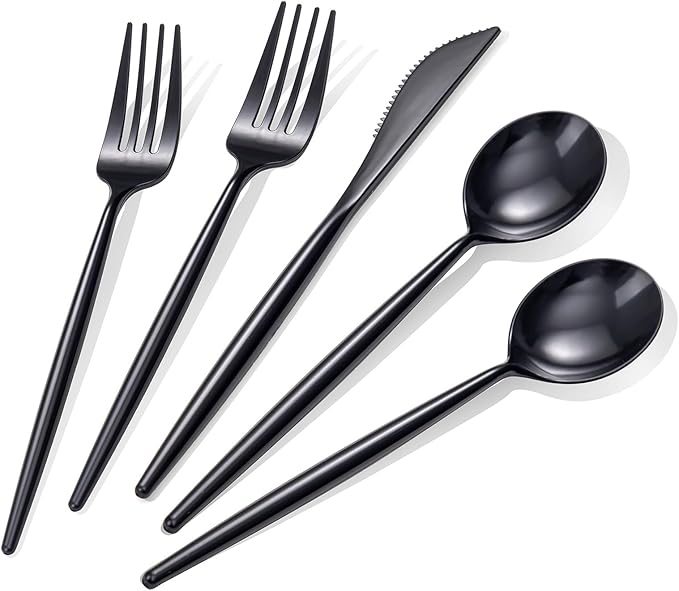 Rubtlamp 90Pcs Plastic Black Silverware, Graduation Disposable Cutlery, Utensils Heavy Duty include 30 Disposable Knives,60 plastic Forks and Spoons, Black Cutlery For Graduation Party
