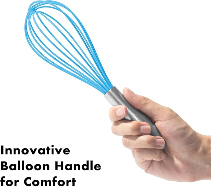 10-Inch Blue Silicone Whisk, Heat Resistant 480°F Kitchen Whisk with Stainless Steel Ergonomic Handle, Non-Scratch for Nonstick Cookware, Dishwasher Safe, Perfect for Blending, Cooking & Beating