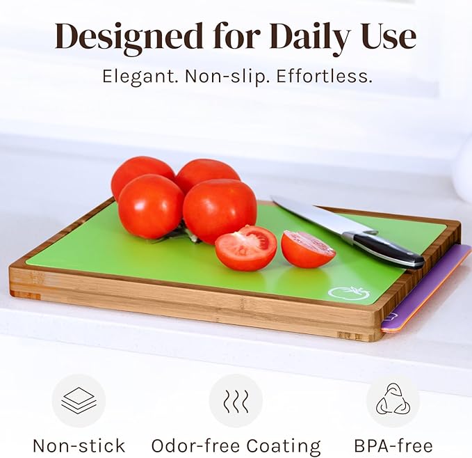 Cooler Kitchen Cutting Boards for Kitchen - Checkered Bamboo Cutting Board Set with 6 Color-Coded Flexible Chopping Mats, Easy Clean Wood and Dishwasher-Safe Plastic, Large 17x12, Knife-Friendly