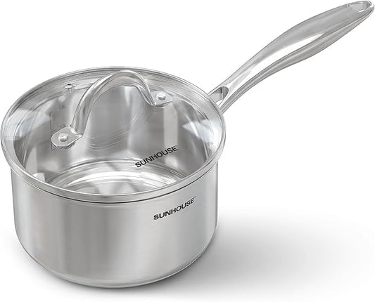 SUNHOUSE 3 Quart Whole-Clad Tri-Ply Stainless Steel Saucepan with Glass Lid, Premium 18/8 Stainless Steel, Even Heat Distribution, Induction Ready, Stay-Cool Handle, Dishwasher Safe