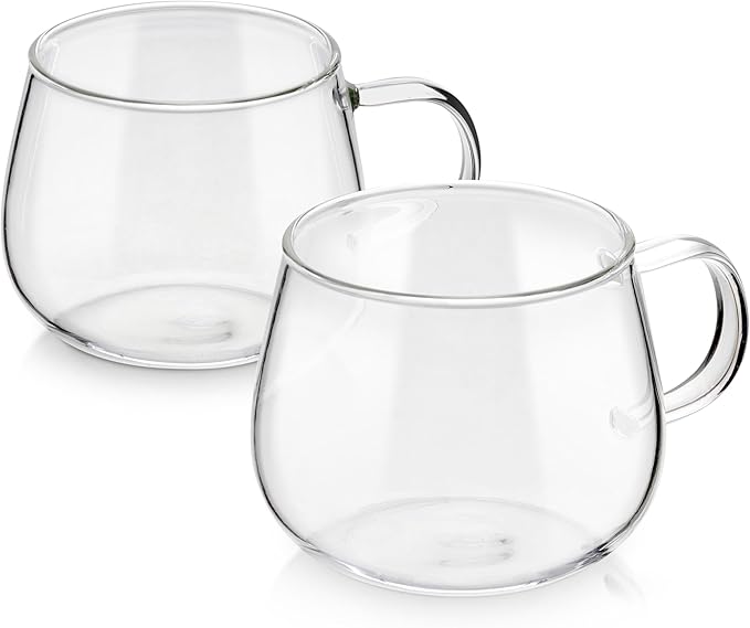 Teabloom Set of Two Premium Borosilicate Glass Tea Cups - 12 oz / 350 ml - Lead-Free, Stain-free and Microwave Safe - Blossoms Collection