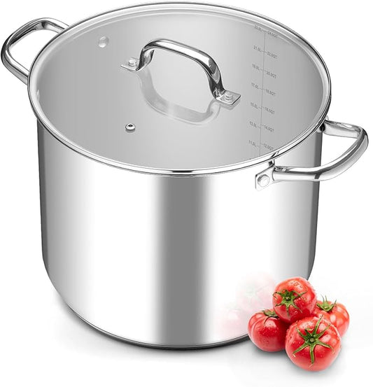 Leonyo Stainless Steel Stock Pot, 24QT Large Pot For Cooking, 18/10 Stockpot with Glass Lid for Stewing Simmering Boiling, Heavy-Duty 3-ply Bottom for All Stoves, Dishwasher Safe & Food Grade Cookware
