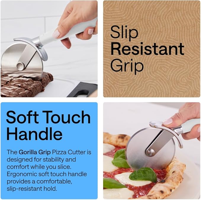 GORILLA GRIP Patented BPA-Free Large Pizza Cutter Wheel, 9 Inch, Extra Sharp Stainless Steel Blade, Slip Resistant Handle with Thumb Guard Protection, Slice Thick or Thin Pizzas, Pie, Pastries, White